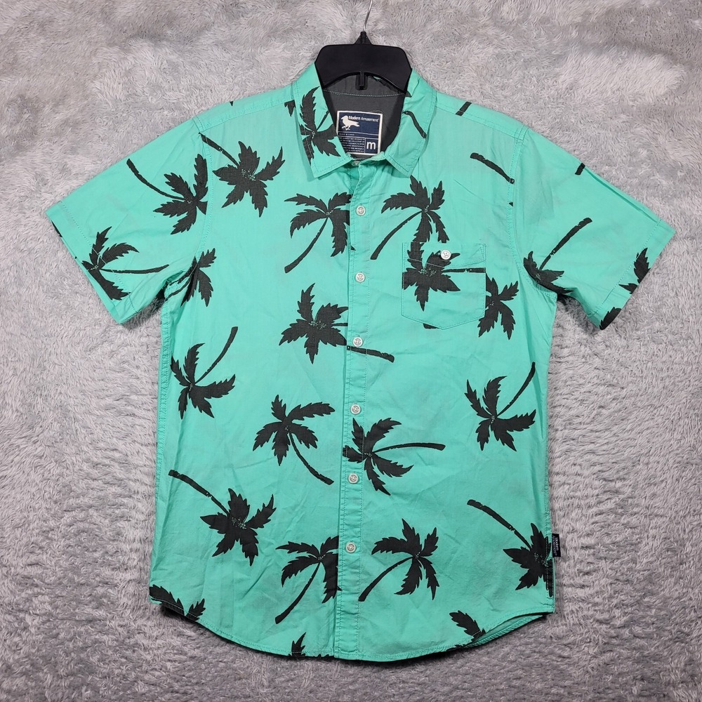 Modern Amusement Shirt‎ Mens Medium Green Palm Trees Tropical Hawaiian